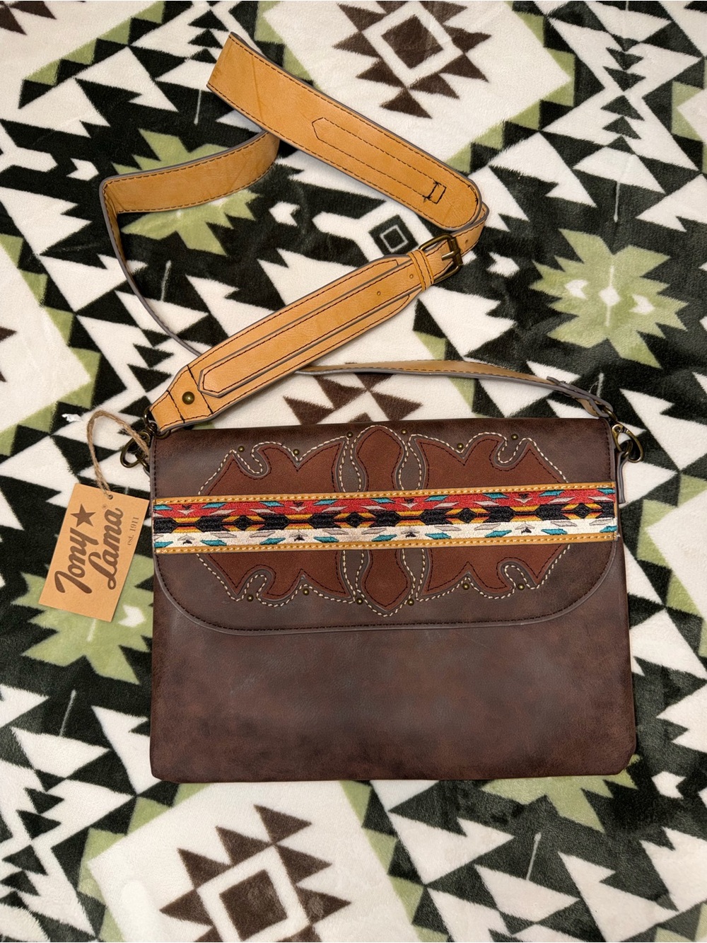 Tony Lama Brown Leather Crossbody Colorful Southwestern Stripe bag New w/ Tag